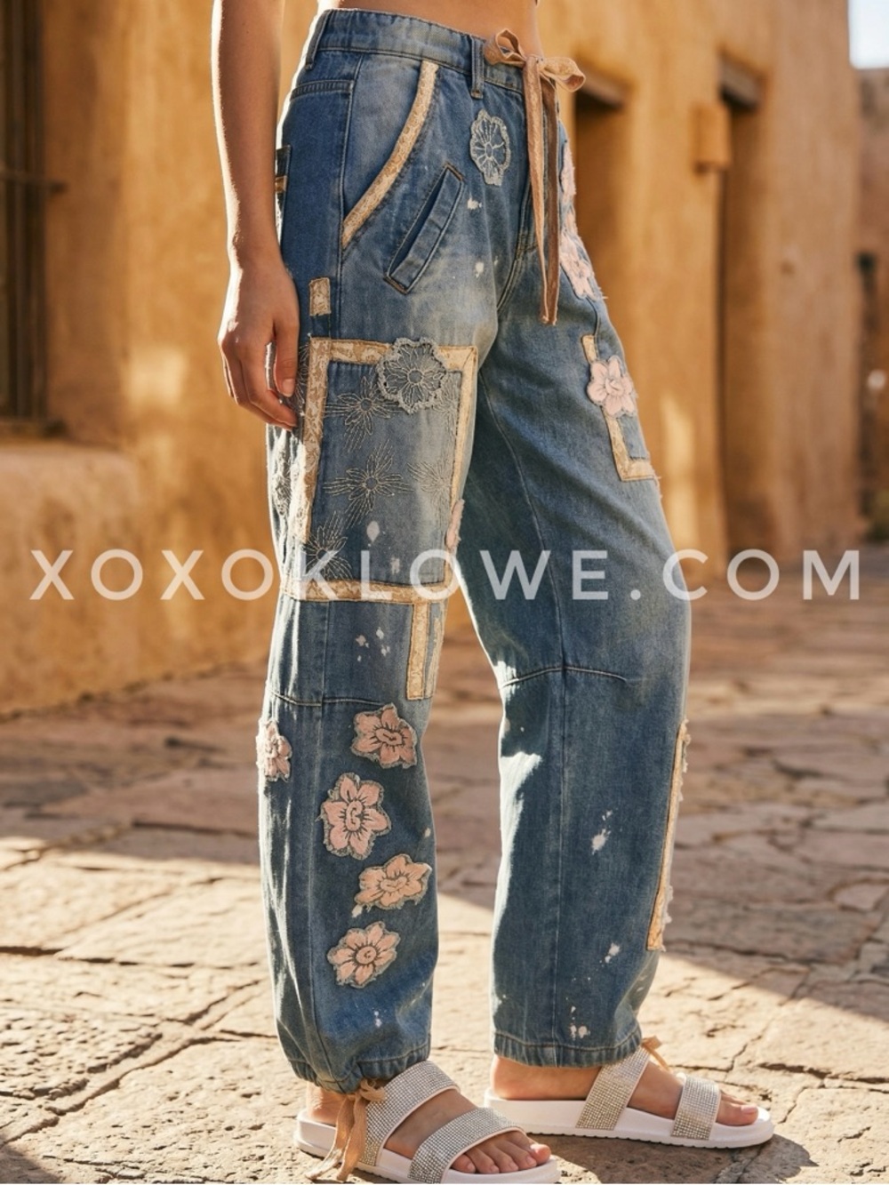 Oli & Hali Patchwork Floral Convertible Jogger Jeans | Straight Leg Denim Pants - Picture 3 of 9
